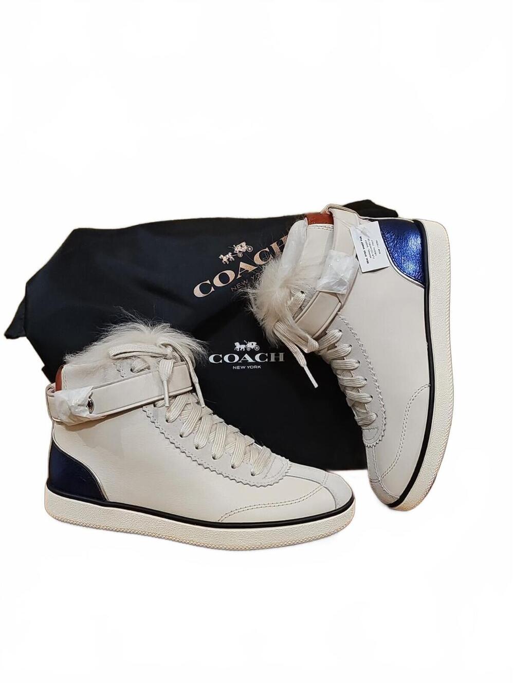COACH Shearling Nappa Leather Lace Up Hightop Sneakers Shoes Women's Sz 5 NEW
